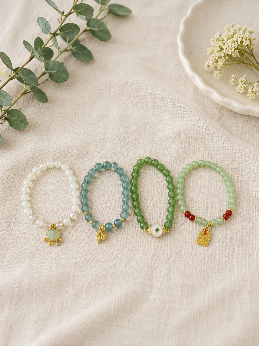 Green Beaded Charm Bracelet - Elegant Women’s Jewelry